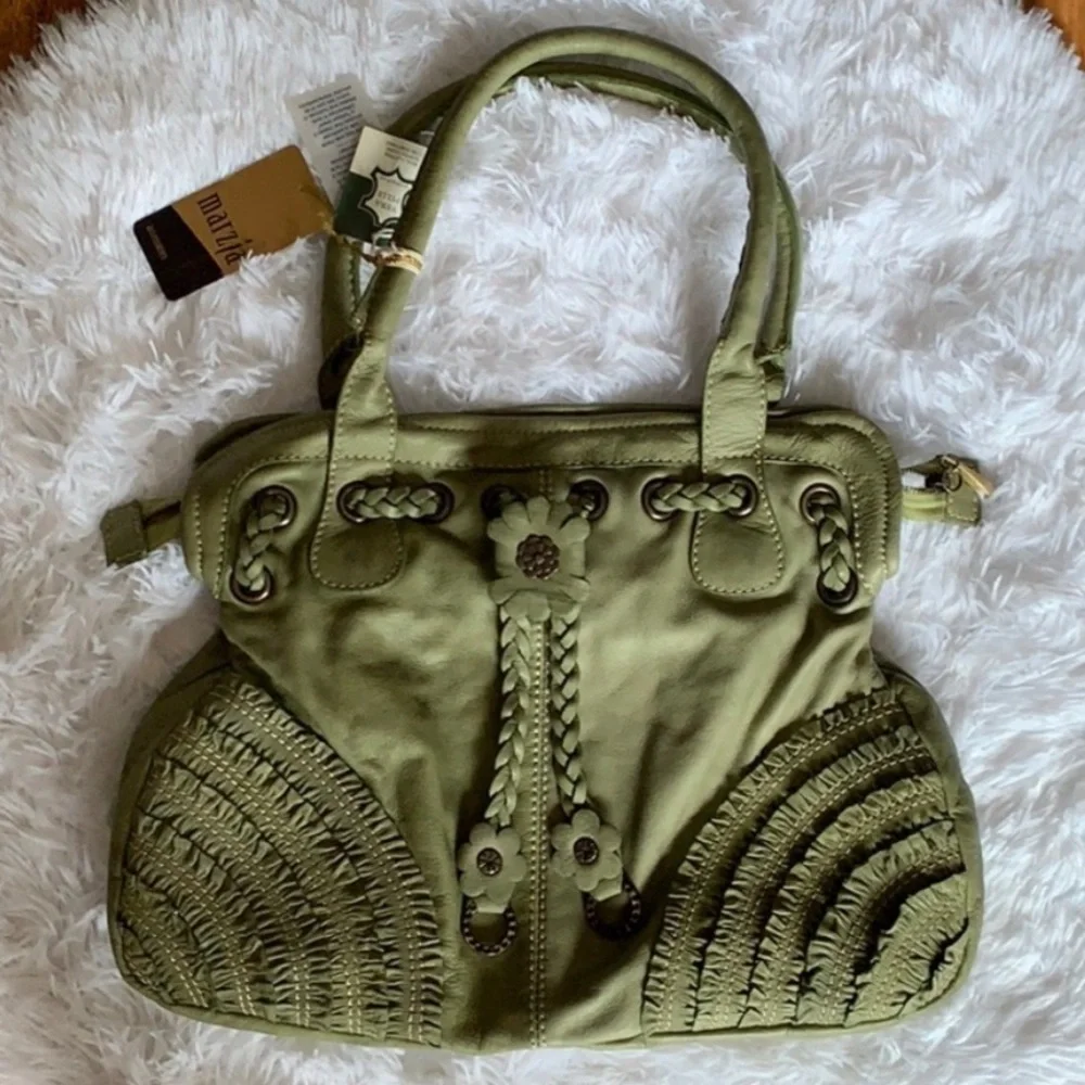 Marzia Italian leather soft green braid detail shoulder handbag - Picture 2 of 9